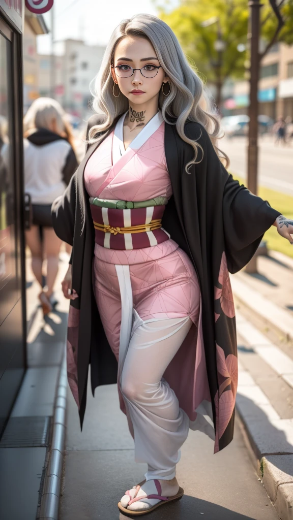 Cute Japanese female, (), (Very cute face), white moist skin, looking at camera, melancholy expression, (Pink bright eyes: 1.4), (Black framed glasses: 1.3)
BREAK,
(Parkour), (Very beautiful berserker female: 1.3), (Dynamic pose: 1.3),
BREAK,
(Wearing pink cute kimono: 1.3), (Highly revealing kimono), Very large earrings, Short length, (Black grass tattoo on body: 1.3),
BREAK,
(Long hair), (Light gray hair: 1.4), (Wavy hair), (Gradient hair: 1.3), (Red tips: 1.3),
BREAK,
(Realistic: 1.3), Masterpiece, Perfect lighting, (Ultra high resolution), (8K), (Highly detailed: 1.4), (From the front), (Full body: 1.4), (Symmetrical: 1.2), (One cut),
BREAK,
(Big cities in Japan: 1.2),