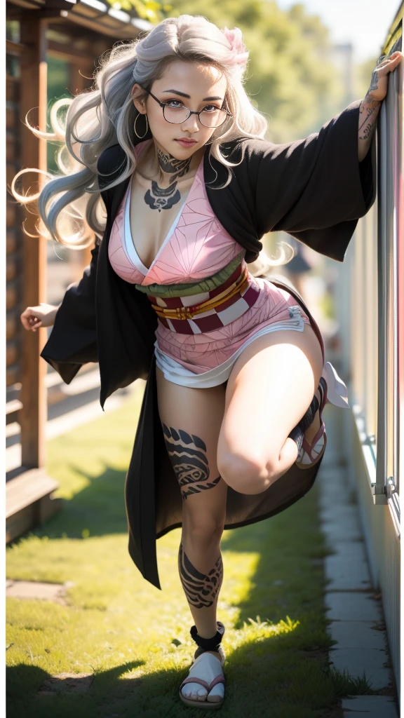 Cute Japanese female, (), (Very cute face), white moist skin, looking at camera, melancholy expression, (Pink bright eyes: 1.4), (Black framed glasses: 1.3)
BREAK,
(Parkour), (Very beautiful berserker female: 1.3), (Dynamic pose: 1.3),
BREAK,
(Wearing pink cute kimono: 1.3), (Highly revealing kimono), Very large earrings, Short length, (Black grass tattoo on body: 1.3),
BREAK,
(Long hair), (Light gray hair: 1.4), (Wavy hair), (Gradient hair: 1.3), (Red tips: 1.3),
BREAK,
(Realistic: 1.3), Masterpiece, Perfect lighting, (Ultra high resolution), (8K), (Highly detailed: 1.4), (From the front), (Full body: 1.4), (Symmetrical: 1.2), (One cut),
BREAK,
(Big cities in Japan: 1.2),
