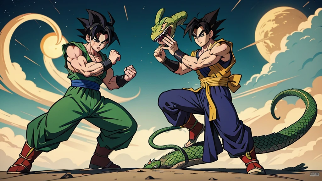 Make the adult Gohan character, fighting a snake-like alien villain, inspired by Dragon Ball, art by Akira Toryama, high quality image