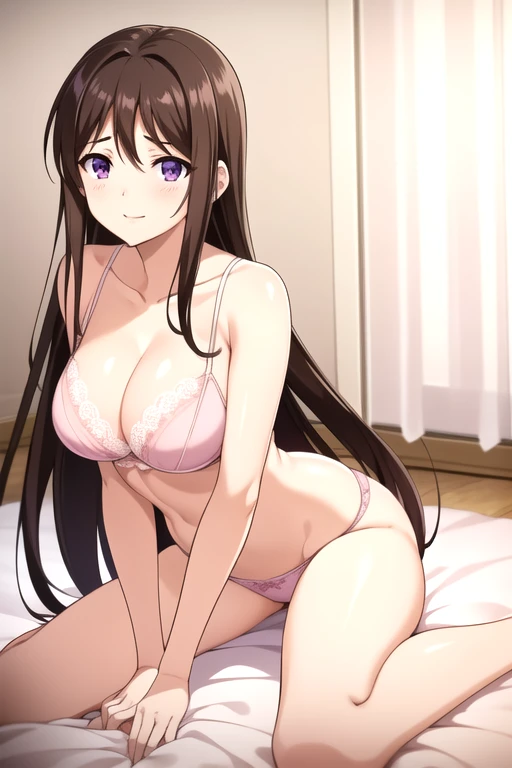 (masterpiece),(Highest quality),(Very detailed),(Best illustrations),(Best Shadow),(Absurd),(Detailed Background),(so beautiful), One person, alone, takamura yui, Brown Hair, Purple eyes, Long Hair, NUDE, Seductive lips, Medium bust, Body orientation: front,Captivating smile,  8k, masterpiece, Anime art style, Anime Coloring,NUDE, missionary, 1boy, penis, lying, vaginale, ass pov, spread legs, sex, nsfw