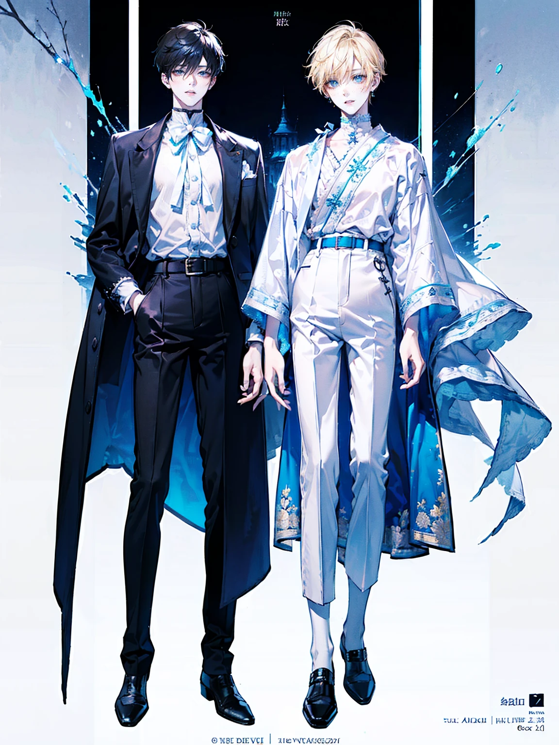 ((full body: 2)), ((UHD, masterpiece, super detail, best quality, highres, 8k)), (detailed line art), perfect face, perfect body, perfect hands, perfect feet.
Humans, around 20 years old, (2 males: 2.0), ((two characters)), male idols, (simple background, magazine cover style: 1.5).
Features of the first person :Gentle vibe, standing on the right, (bright blonde hair), (parallel eyebrows, light blue eyes, droopy eyes, thin lips), (white top, collarbone-revealing shirt, puffed sleeves shirt, white ribbon decorations:1.5, white frill decorations:1.5, white corset, high-waisted white pants, white belt, white leather shoes), (white ribbon choker), (angelic atmosphere), (looking forward).
Features of the second person : Cool vibe, standing on the left side, (black hair), (parallel eyebrows, light blue eyes, slanted eyes, thin lips), (black top, high-neck top, fitted top, black jacket, black belt decoration:1.5, black pants, black belt, black leather shoes), (black earrings, black bracelet), (devil-like atmosphere), (looking forward).