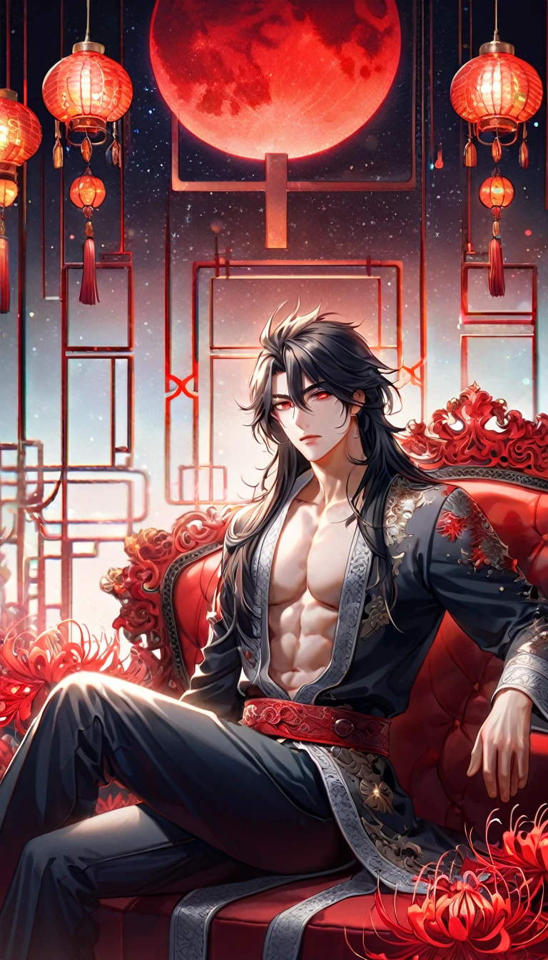 absurdres, highres, ultra detailed, HDR, master piece, best quality, extremely detailed face, delicated features, Xue Yu, untamed spiky hair, black hair, long hair, hair between the eyes, expressive red eyes, Thousand Years War, solo, sexy man lying on a bed, handsome, toned chest, black haori, red fantasy robes, room, bed, magical, red spider lilies, red lanterns, red floating round lights, Chinese ambiance