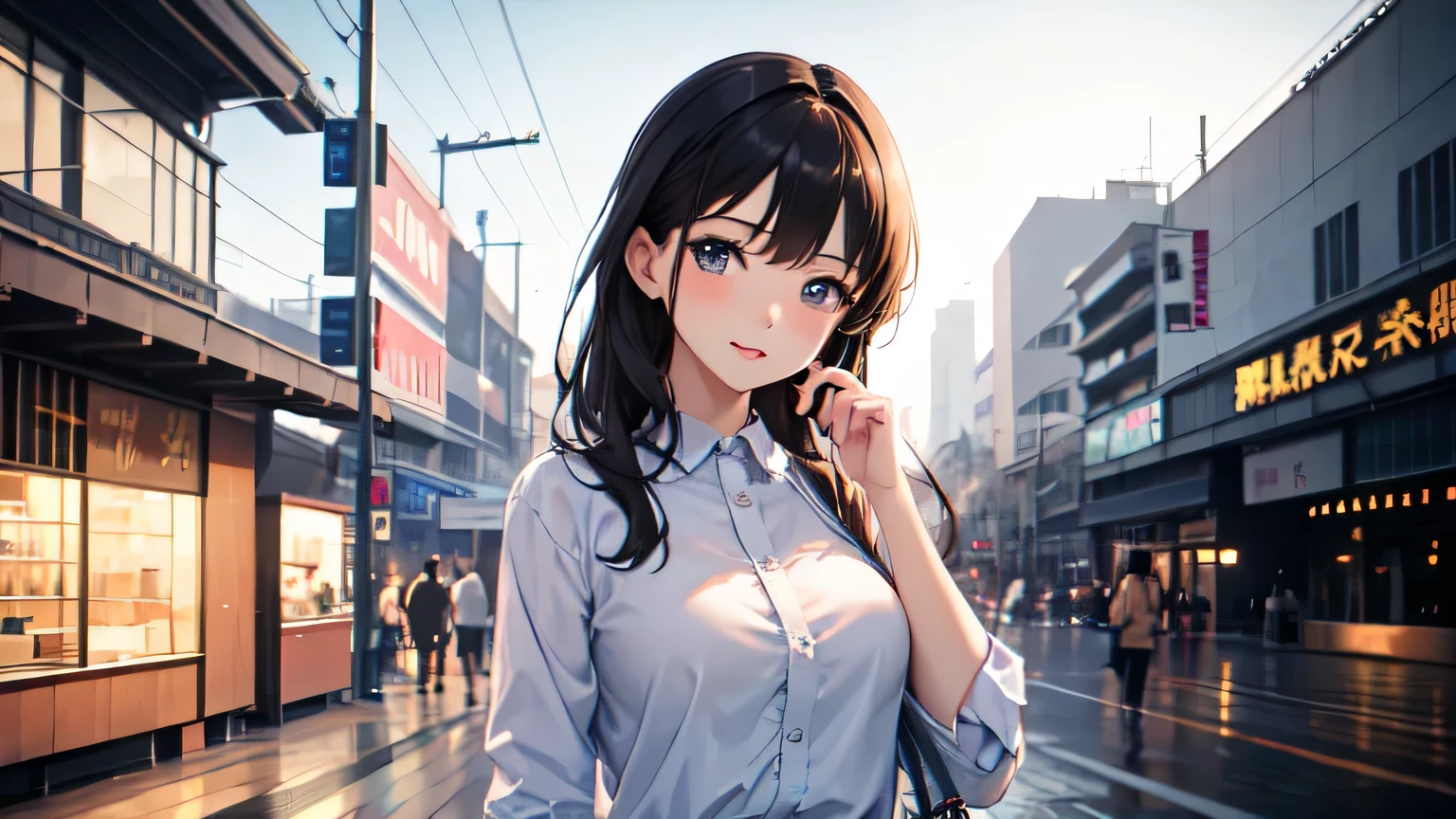 ((best quality)), ((masterpiece)), (detailed), 1girl, sexly,With a beautiful girl I met in front of the station for the first time in a while、I'm going to have tea。Her big eyes sparkle、A smile on her plump lips。The camera gets closer to her face、Its beauty stands out even more。
