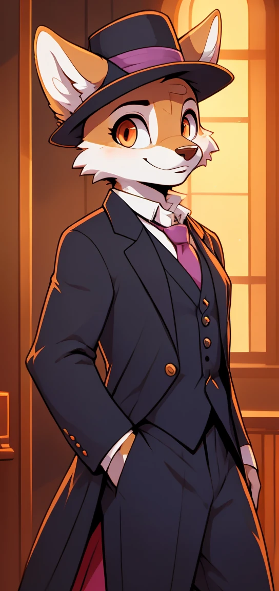 Best Quality, furry, the second, animal nose, maidmarian, smile, orange eyes, zorro, undulation, elegant skirt, (((three piece suit))), tie, blazer, suit&#39;s jacket, vest, Tight skirt, Presuming, showing leg, ((((holding the flap)))), detailed hand, exterior, Portrait with wide aperture, cool tones, Strong visual impact, blank space, contrast of lights and shadows, SUPER TEXTURE, sunset glow, Super clear image, simple image
