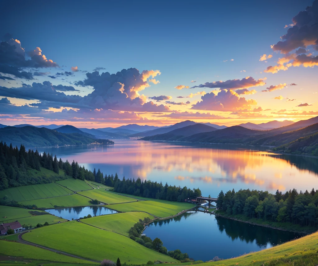 A beautiful blue sky, dramatic sunset, glowing clouds, detailed landscape, rolling hills, lush greenery, serene lake, reflection, dramatic lighting, painterly style, vibrant colors, photorealistic, 8k, high quality, masterpiece