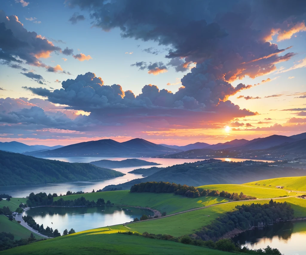 A beautiful blue sky, dramatic sunset, glowing clouds, detailed landscape, rolling hills, lush greenery, serene lake, reflection, dramatic lighting, painterly style, vibrant colors, photorealistic, 8k, high quality, masterpiece