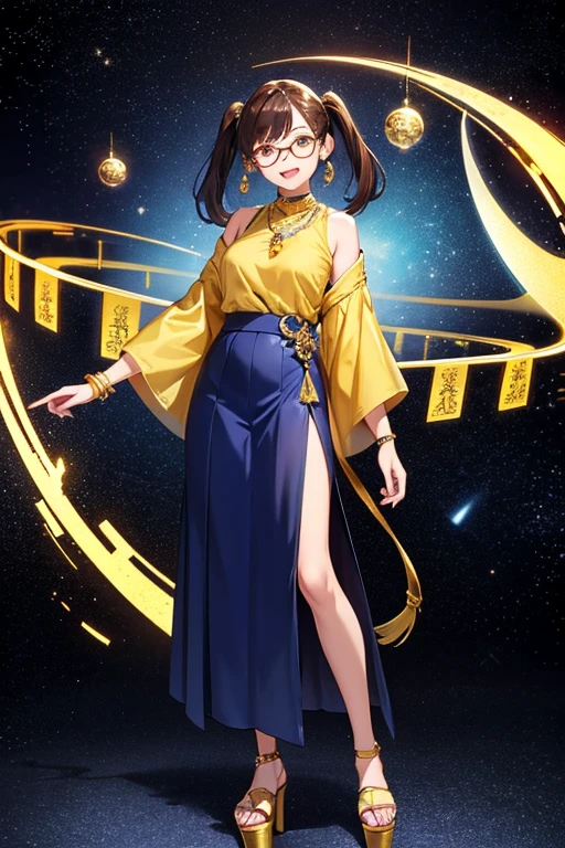 Anime Art、Full body portrait、Space SF Merchant、A woman around 34 years old, around 165cm tall, standing upright with a gold scale in one hand, wearing a blue shirt and a long skirt with a slit reaching down to the ankles、Red eyeshadow、Glasses、Laughing with mouth open、Double teeth、Her hairstyle is short twin tails.、２Chignon、Brown Hair、Dark Eyes、Gold earrings、Gold Necklace、Gold Bracelet、Platform Sandals