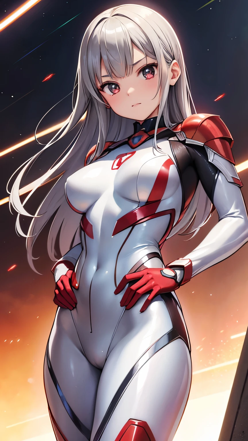 Ultraman、Realistic、Realistic、Cinema Lighting, Girl in shiny red and silver suit、、Professional photos、Don'Do not expose your skin, Japanese Model, japanese cgi、Ultraman Suit、, Power Rangers Suit、Tight and thin cyber suit,The whole body is rubber、There's pink There、 Delicate body, Big Breasts、Small Ass、Thin thighs、Thin arms、Narrow waist、Camel Toe、Both sides of the cybersuit fit snugly against the skin.、Big eyes、Black short hair、Look forward、Look forward立っている、A glowing sphere is embedded in his chest..、Essay exam、 Blue sky background