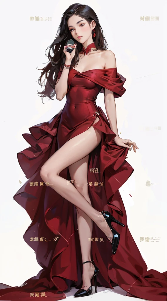 woman, realistic, (smile: 1.1), (shiny skin: 1.1), blush, (looking at the audience), bodybuilding, muscular, stockings, masterpiece, highest quality, high resolution, ridiculous, realistic, long hair, red dress