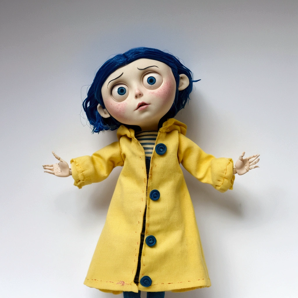 Coraline movie doll, Scene from horror, White background, sad doll