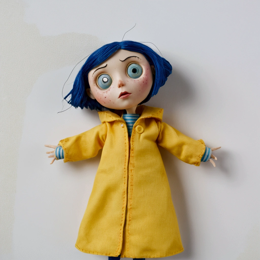 Coraline movie doll, Scene from horror, White background, sad doll 