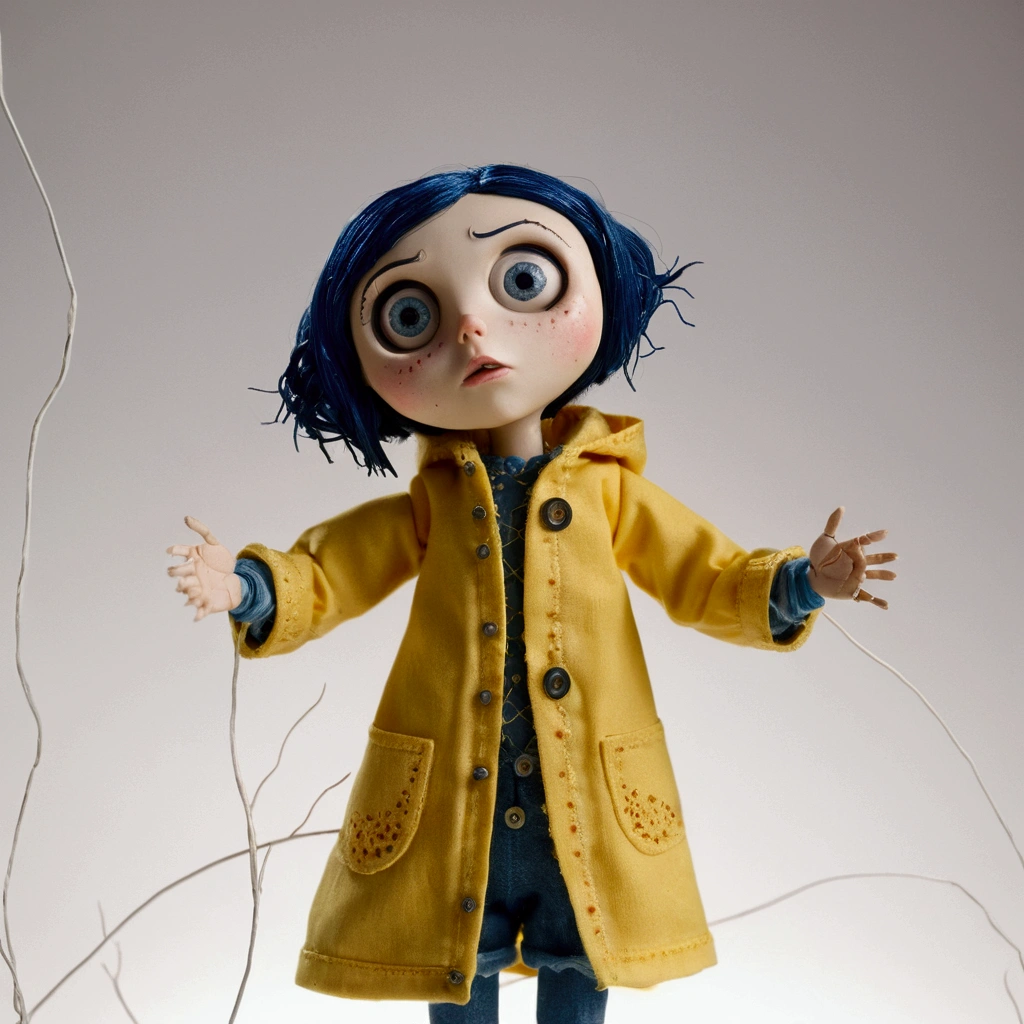 Coraline movie doll, Scene from horror, White background, sad doll