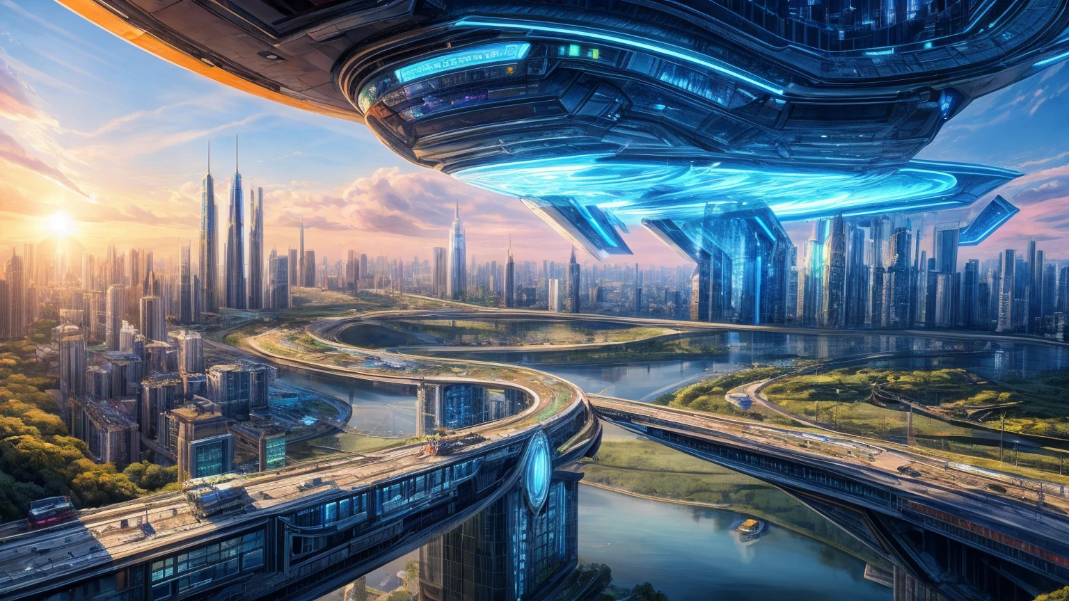 (Best quality,4K,8K,A high resolution,Masterpiece:1.2),Ultra-detailed,(Realistic,Photorealistic,photo-realistic:1.37),Futuristic floating city,Futuristic technology,Huge urban high-tech tablet platform,Airship,Floating in the sky,Futuristic city,Small airships around,High-tech hemispherical platform,Colorful lights,Advanced architecture,modernn architecture,skyscrapper,Access the cloud,Scenic beauty,view over city,Impressive design,Blend seamlessly with nature,energetic and vibrant atmosphere,Futuristic transportation system,Parking is suspended,Transparent path,Lush greenery,Sky gardens,cascading waterfalls,Magnificent skyline,reflections on the water,Sparkling river,Architectural innovation,futuristic skyscrapers,Transparent dome,The shape of the building is unusual,Elevated walkway,Impressive skyline,Glowing lights,Futuristic technology,Minimalist design,Scenic spots,Panoramic view,Cloud Piercing Tower,Vibrant colors,epic sunrise,epic sunset,Dazzling light display,magical ambiance,The future city,Urban Utopia,LuxuryLifestyle,Innovative energy,sustainable development,Smart city technology,Advanced infrastructure,Tranquil atmosphere,Nature and technology live in harmony,Awesome cityscape,Unprecedented urban planning,Architecture connects seamlessly with nature,High-tech metropolis,A cutting-edge engineering marvel,The future of urban living,Visionary architectural concept,Energy-efficient buildings,Harmony with the environment,A city floating above the clouds,Utopian dreams become reality,The possibilities are endless,State-of-the-art transportation network,Green energy integration,Innovative materials,Impressive holographic display,Advanced communication system,Breathtaking aerial view,Quiet and peaceful environment,Modernist aesthetics,Ethereal beauty