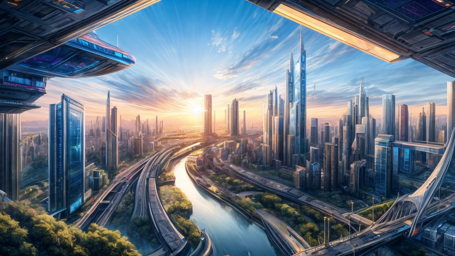 (Best quality,4K,8K,A high resolution,Masterpiece:1.2),Ultra-detailed,(Realistic,Photorealistic,photo-realistic:1.37),Futuristic floating city,Futuristic technology,Huge urban high-tech tablet platform,Airship,Floating in the sky,Futuristic city,Small airships around,High-tech hemispherical platform,Colorful lights,Advanced architecture,modernn architecture,skyscrapper,Access the cloud,Scenic beauty,view over city,Impressive design,Blend seamlessly with nature,energetic and vibrant atmosphere,Futuristic transportation system,Parking is suspended,Transparent path,Lush greenery,Sky gardens,cascading waterfalls,Magnificent skyline,reflections on the water,Sparkling river,Architectural innovation,futuristic skyscrapers,Transparent dome,The shape of the building is unusual,Elevated walkway,Impressive skyline,Glowing lights,Futuristic technology,Minimalist design,Scenic spots,Panoramic view,Cloud Piercing Tower,Vibrant colors,epic sunrise,epic sunset,Dazzling light display,magical ambiance,The future city,Urban Utopia,LuxuryLifestyle,Innovative energy,sustainable development,Smart city technology,Advanced infrastructure,Tranquil atmosphere,Nature and technology live in harmony,Awesome cityscape,Unprecedented urban planning,Architecture connects seamlessly with nature,High-tech metropolis,A cutting-edge engineering marvel,The future of urban living,Visionary architectural concept,Energy-efficient buildings,Harmony with the environment,A city floating above the clouds,Utopian dreams become reality,The possibilities are endless,State-of-the-art transportation network,Green energy integration,Innovative materials,Impressive holographic display,Advanced communication system,Breathtaking aerial view,Quiet and peaceful environment,Modernist aesthetics,Ethereal beauty