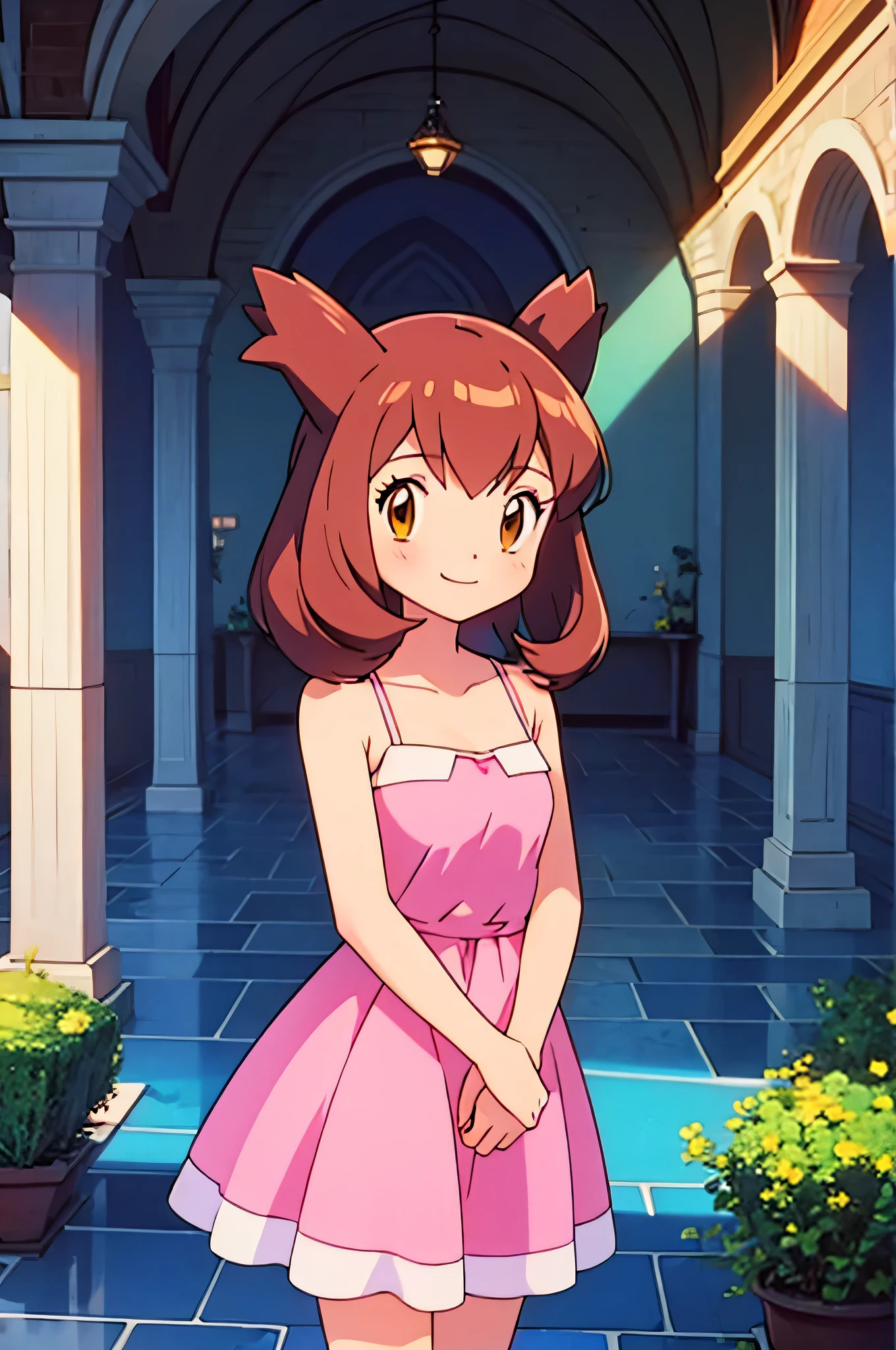 masterpiece, best quality, ultra-detailed, illustration, beautiful detailed eyes, very detailed illustration, cinematic lighting, 1 girl, solo, Pokemon Heroes (Bianca), Brown Hair, brown eyes, 1 girl, solo, sleeveless, collarbone, Pink Camisole dress, pink dress, intricate details, sharp focus, high resolution, the background of beautiful garden with columns, on a beautiful night, full moon, smile, standing near a water pool on the bottom, arms at sides, anime style, ultra-detailed, hdr, far at the bottom, in the center, Close up, cowboy shot