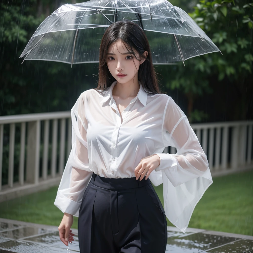 Hair getting wet in the rain、Transparent shirt、Beautiful woman getting wet in the rain、typhoon、Get wet without an umbrella、Beautiful woman in the rain、雨で濡れたBeautyOL、Detailed face、Realistic、beautiful girl、Beauty、Office Lady Uniform、beauty、Beautiful woman、Narrow waist、Handsome woman、Tight pants look、suit、Sexy pose、タイトなsuitパンツ、雨で濡れたsuit、Wet shirt、See-through shirt、Shot in heavy rain、See-through underwear