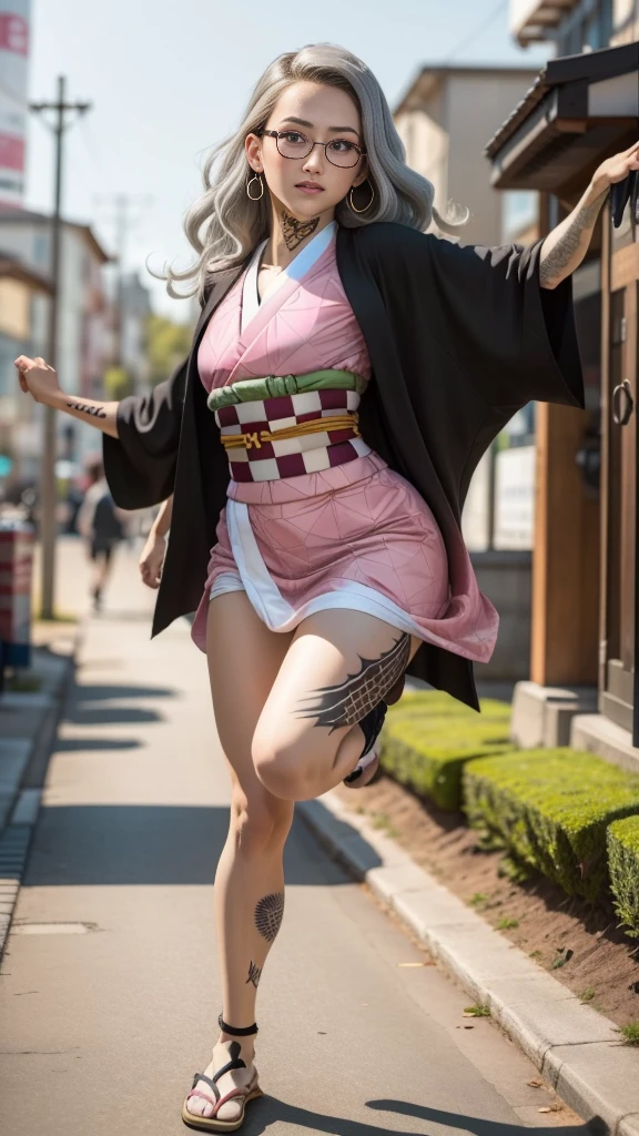 Cute Japanese female, (s old), (Very cute face), white moist skin, looking at camera, melancholy expression, (Pink bright eyes: 1.4), (Black framed glasses: 1.3)
BREAK,
(Parkour), (Very beautiful berserker female: 1.3), (Dynamic pose: 1.3),
BREAK,
(Wearing pink cute kimono: 1.3), (Highly revealing kimono), Very large earrings, Short length, (Black grass tattoo on body: 1.3),
BREAK,
(Long hair), (Light gray hair: 1.4), (Wavy hair), (Gradient hair: 1.3), (Red tips: 1.3),
BREAK,
(Realistic: 1.3), Masterpiece, Perfect lighting, (Ultra high resolution), (8K), (Highly detailed: 1.4), (From the front), (Full body: 1.4), (Symmetrical: 1.2), (One cut),
BREAK,
(Big cities in Japan: 1.2),