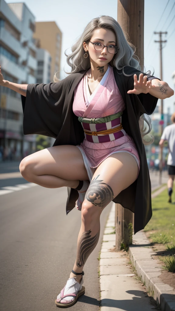 Cute Japanese female, (16 years old), (Very cute face), white moist skin, looking at camera, melancholy expression, (Pink bright eyes: 1.4), (Black framed glasses: 1.3)
BREAK,
(Parkour), (Very beautiful berserker female: 1.3), (Dynamic pose: 1.3),
BREAK,
(Wearing pink cute kimono: 1.3), (Highly revealing kimono), Very large earrings, Short length, (Black grass tattoo on body: 1.3),
BREAK,
(Long hair), (Light gray hair: 1.4), (Wavy hair), (Gradient hair: 1.3), (Red tips: 1.3),
BREAK,
(Realistic: 1.3), Masterpiece, Perfect lighting, (Ultra high resolution), (8K), (Highly detailed: 1.4), (From the front), (Full body: 1.4), (Symmetrical: 1.2), (One cut),
BREAK,
(Big cities in Japan: 1.2),