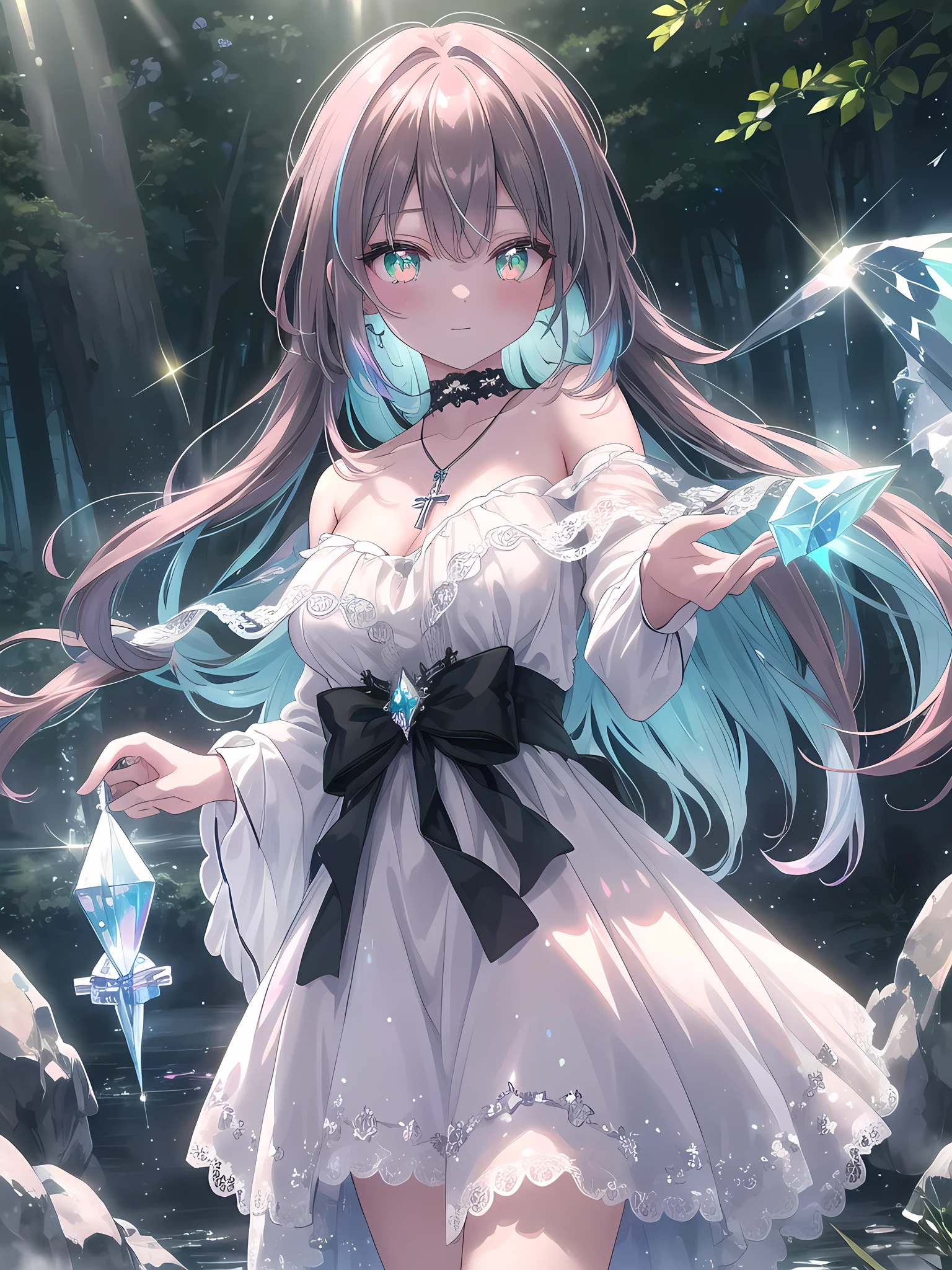 ((8k, best quality, master piece: 1.3)),super high resolution,(1 girl, solo), (colorshift eyes, hyperdetailed, expressive sparkling, glitter, glowing eyes), ultra detailed eyes, ultra-detailed face, random hair, ((pastel color)),Gothic dress, velvet, lace, black, red, choker, cross pendant, Ancient forest, green, brown, misty white, dim, misty and mystical, A dazzling scene with crystal light reflections creating a prismatic effect. The light passes through and refracts in various directions, casting colorful spots and highlights throughout the image. The main subject is bathed in soft, ethereal light that enhances their features and adds a mystical touch.
