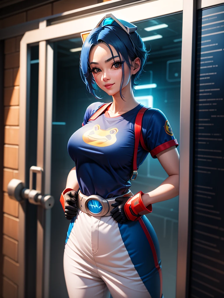 (at night), in a video game scene, a background of a beautiful city during the day, raining, standing at attention, semi-short blue hair, blue shirt on the chest, has the face of a smiling frog type logo, has a long scarf red, big belt around her waist, blue fingerless gloves, white exercise pants, goggles on top of her head ((blue hair)), 1 girl, alone, 20 years old, young woman, perfect hands, beautiful fingers, beautiful long legs, beautiful body, beautiful nose, beautiful character design, perfect face, looking at the viewer with serious gesture (focusing on his face), closed mouth, Light_Smile, official art, extremely detailed CG unity 8k wallpaper, perfect lighting, bright and colorful front lighting, glowing skin (masterpiece: 1.0), (best_quality: 1.0), ultra-high resolution, 4K, ultra-detailed photography, 8K, HDR, high resolution, nonsense:1.2, Kodak portra 400, film grain, blurred background, bokeh:1.2, lens flare, (vibrant_color:1.2), professional photography, (Beautiful, breasts: 1.4), (beautiful_face: 1.5), (narrow waist),