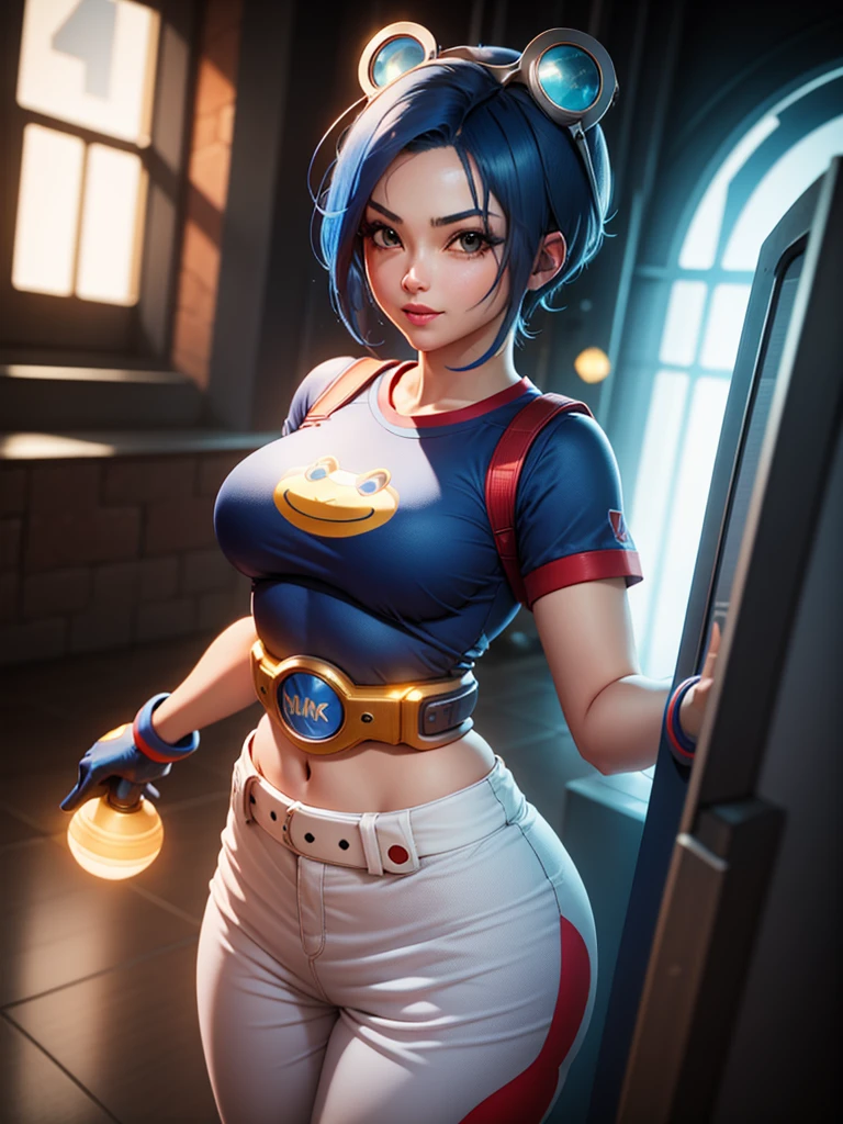 (at night), in a video game scene, a background of a beautiful city during the day, raining, standing at attention, semi-short blue hair, blue shirt on the chest, has the face of a smiling frog type logo, has a long scarf red, big belt around her waist, blue fingerless gloves, white exercise pants, goggles on top of her head ((blue hair)), 1 girl, alone, 20 years old, young woman, perfect hands, beautiful fingers, beautiful long legs, beautiful body, beautiful nose, beautiful character design, perfect face, looking at the viewer with serious gesture (focusing on his face), closed mouth, Light_Smile, official art, extremely detailed CG unity 8k wallpaper, perfect lighting, bright and colorful front lighting, glowing skin (masterpiece: 1.0), (best_quality: 1.0), ultra-high resolution, 4K, ultra-detailed photography, 8K, HDR, high resolution, nonsense:1.2, Kodak portra 400, film grain, blurred background, bokeh:1.2, lens flare, (vibrant_color:1.2), professional photography, (Beautiful, breasts: 1.4), (beautiful_face: 1.5), (narrow waist),
