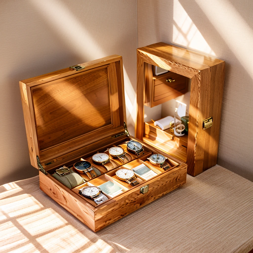 In this cozy room,A ray of sunlight shone through the half-drawn curtains on the table,Let the wood grain on the watch storage box shine with a faint luster。There was a calm and peaceful atmosphere in the air around them。There are several still lifes hanging on the walls of the room,It adds a touch of elegance to the space。And on the other side of the room,The half-open window lets in the breeze,The pages on the small desk by the window turned in the wind,This quiet scene gives a sense of tranquility and comfort。
