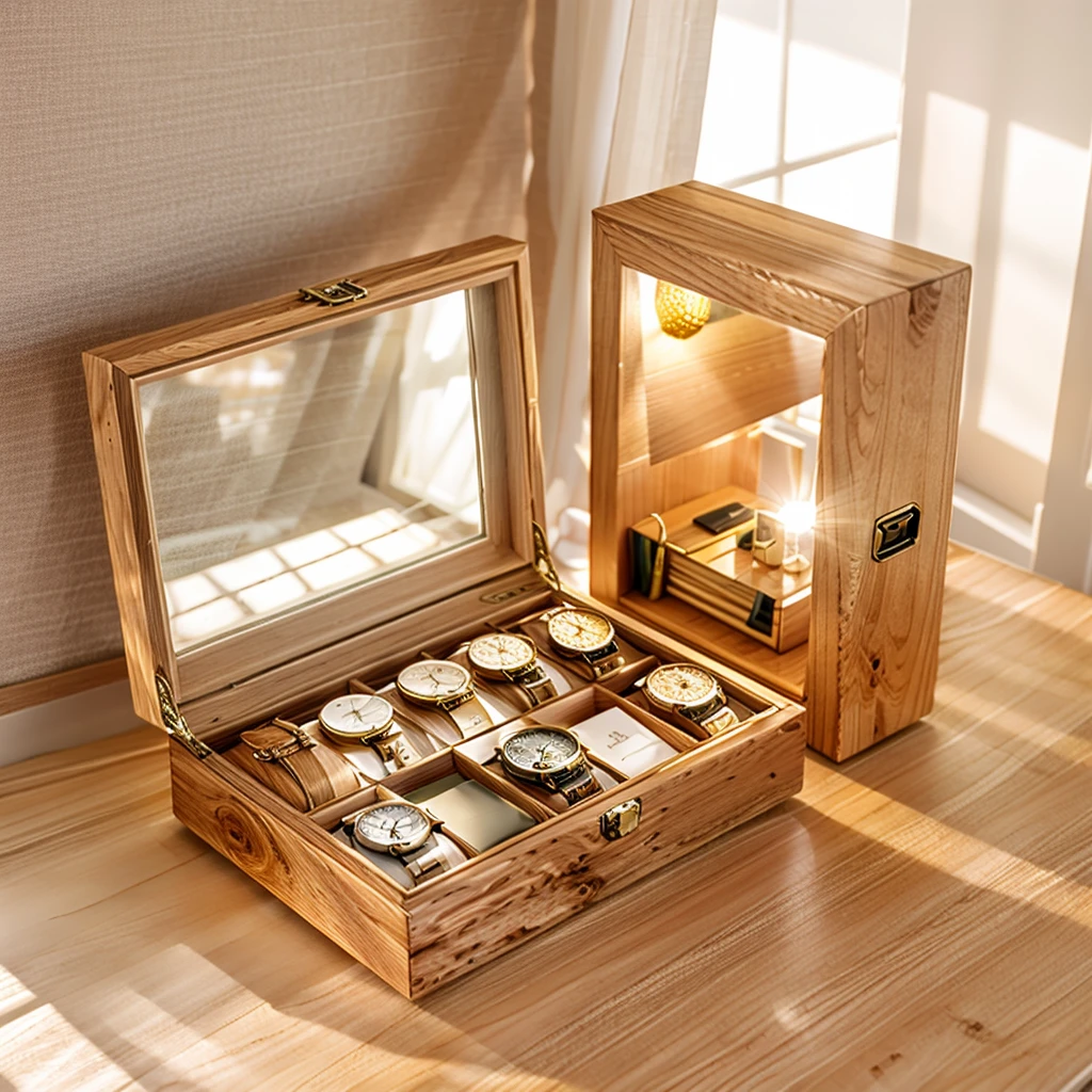 In this cozy room,A ray of sunlight shone through the half-drawn curtains on the table,Let the wood grain on the watch storage box shine with a faint luster。There was a calm and peaceful atmosphere in the air around them。There are several still lifes hanging on the walls of the room,It adds a touch of elegance to the space。And on the other side of the room,The half-open window lets in the breeze,The pages on the small desk by the window turned in the wind,This quiet scene gives a sense of tranquility and comfort。