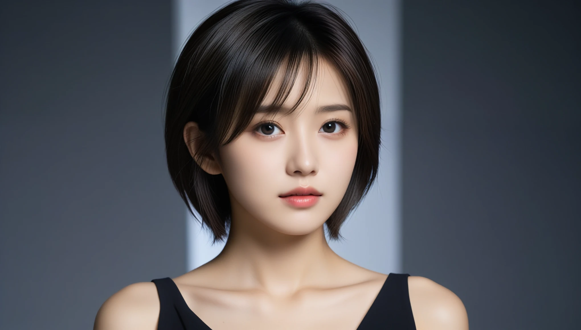 8k, Ultra-high resolution, Highest quality, masterpiece, 三分割法によるphotograph,Surreal, photograph, 1 Girl, (16 years old:1.3), pretty girl, Cute Face, Beautiful eyes in every detail, 細かくdetailedに,masterpiece,One Girl:1.2, Japan Female Announcer,upper body,from below,sad,streaming tears,Black short hair,Messy hair,(black suit:1.3),mourning clothes,(印象派の美しい少女のPortraiture), (Gray background:1.3),(Impressionist light and colour),Realistic Skin, Perfect and beautiful face ,完璧でCute Face, Skin with attention to detail, Perfect limbs、Narrow waist,Looking at the audience、beauty,Long neck,clavicle,(((Ideal body type))),A cup small breasts :2,Portraiture:2,Perfect Anatomy,鮮明なdetailed,detailed,Surreal,Light and shadow,underlighting