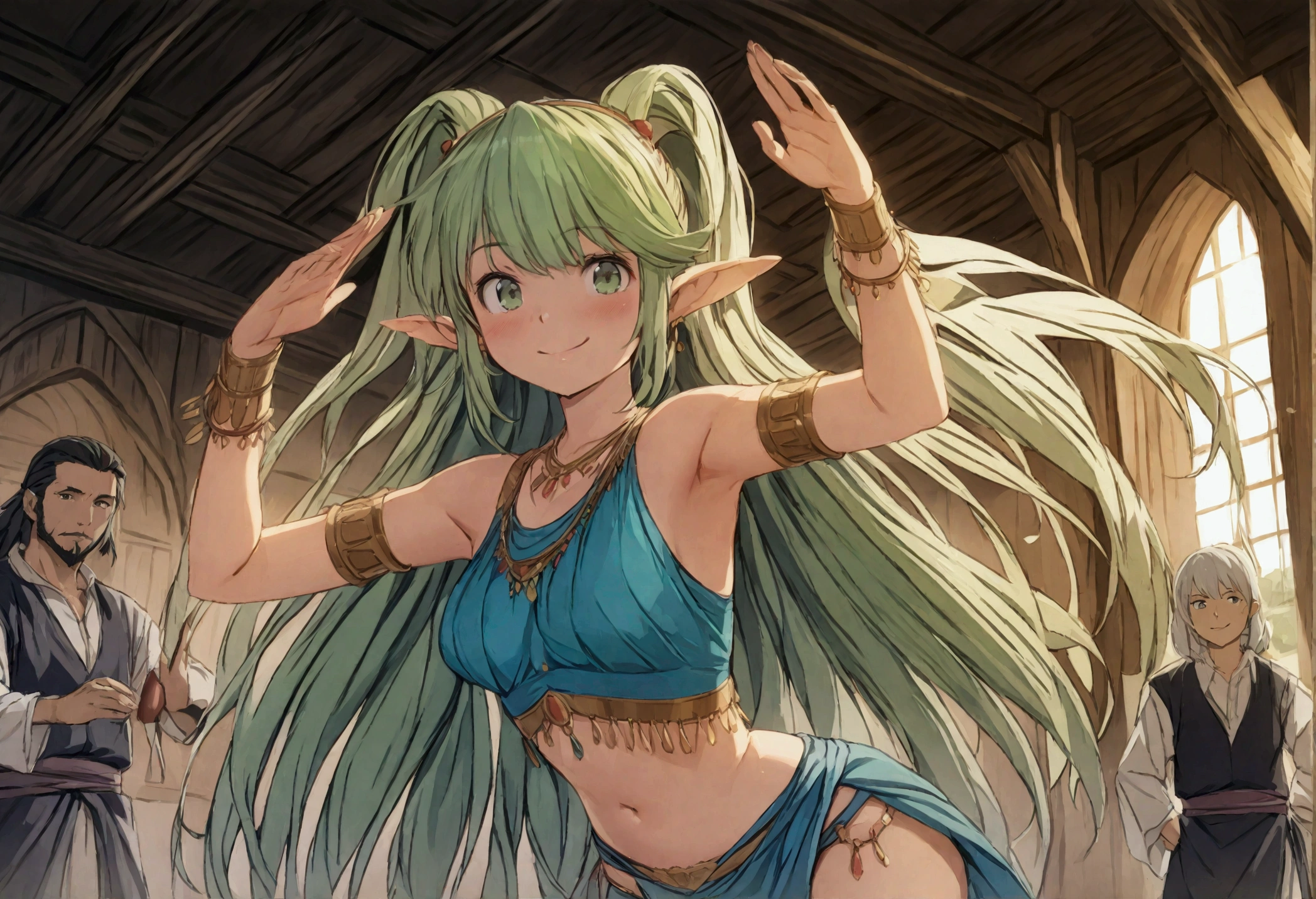 (masterpiece, best quality, top quality, high resolution, highres), (insanely detailed, ultra-detailed, super detailed, highly detailed) ,(HDR, UHD), (studio lighting), ultra-fine drawing, sharp focus, physically based rendering, professional, vibrant colors, 

anime, cartoon, kawaii, qute, 
a girl,  smiling, solo, looking at viewer, 
(((dancer, dance, elven ears))), 
jewelry, bracelet, navel, underwear, 

medieval Europe, medieval European tavern, medieval European bar, 
many people, many people sitting, many people eating and drinking, 

perfect ditaile hand, highly detailed realistic eyes, 
