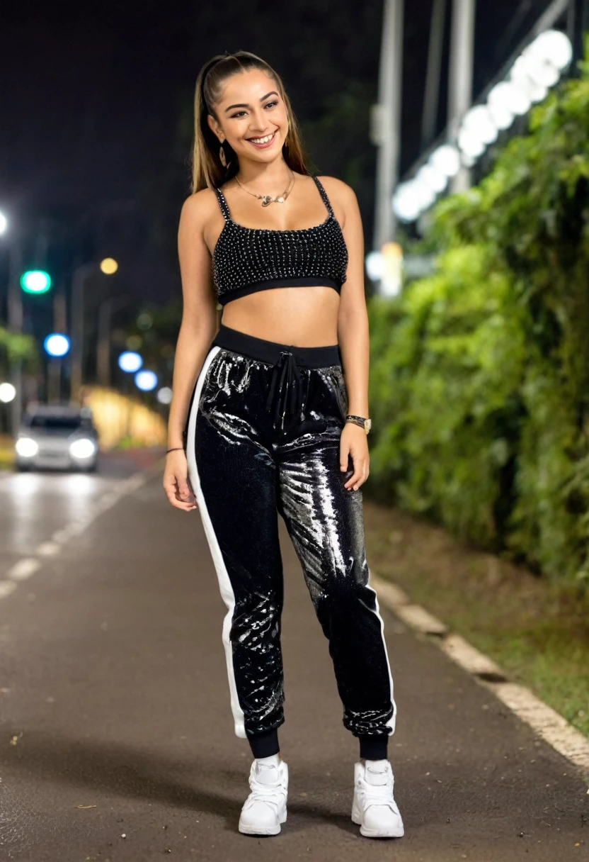 Photo of a young and beautiful woman, fully body. happy and smiling, thinking she is the Queen of the Avenue. The woman is wearing rapper clothes, many styles, muito bem vestida. Ao fundo, with depth of field show the image of Avenida Belmira Marim, outskirts of São Paulo, during at night, with the lights in the background.