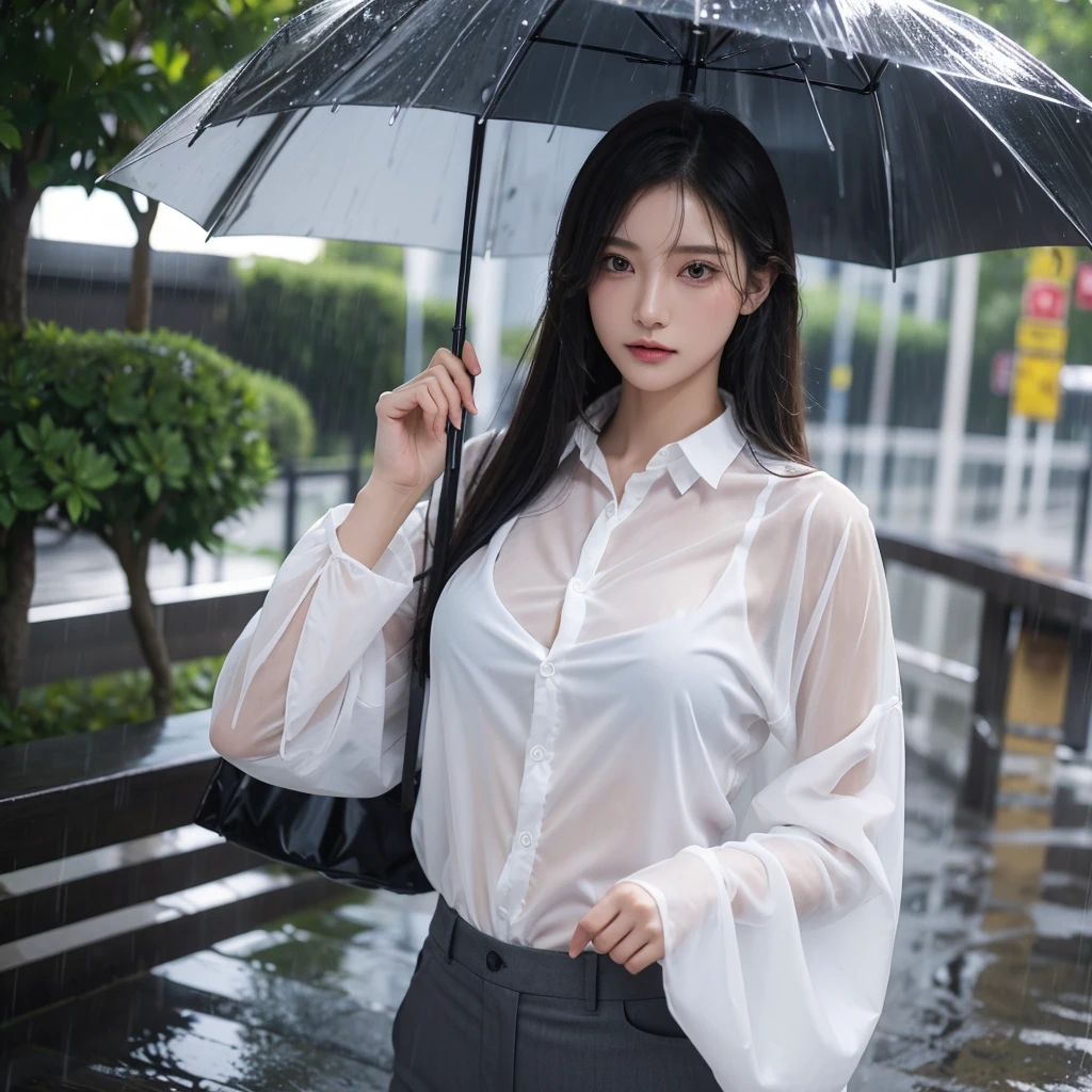 Hair getting wet in the rain、Transparent shirt、Beautiful woman getting wet in the rain、typhoon、Get wet without an umbrella、Beautiful woman in the rain、雨で濡れたBeautyOL、Detailed face、Realistic、beautiful girl、Beauty、Office Lady Uniform、beauty、Beautiful woman、Narrow waist、Handsome woman、Tight pants look、suit、Sexy pose、タイトなsuitパンツ、雨で濡れたsuit、Wet shirt、See-through shirt、Shot in heavy rain、See-through underwear