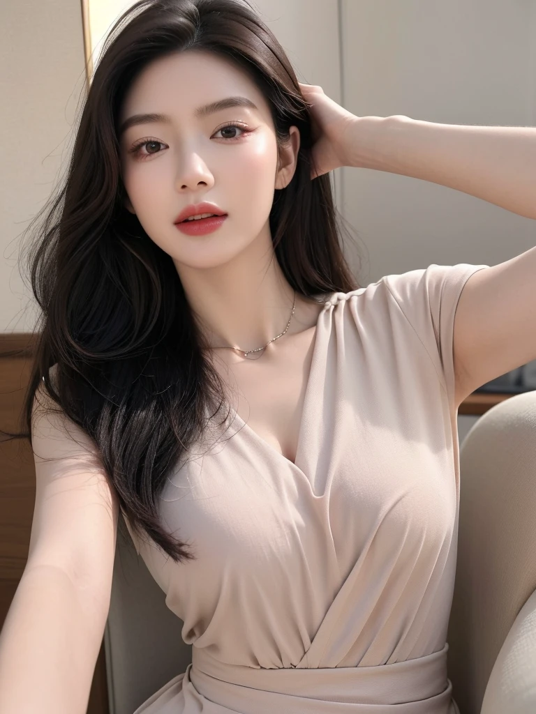 (top quality、8k、masterpiece:1.3)、There is a girl in the picture，She is a woman full of elegance, intelligence and cleanliness、Bob hair is characteristic。 The facial features and face look like beautiful Japanese and Korean female stars，Smooth and beautiful jaw line，Moderately sized double eyelids，Elegant and pretty nose bridge，Pink and elastic lips，With lip beads，The proportion of upper and lower lips is moderate，Slightly show the front teeth when smiling with hairstyle：Her hair is a beautiful bob、The whole face is only a little covered by the flowing hair，Her hair color is natural dark brown、Naturally flowing hair exhibits smooth luster。Her skin is transparent, fair and pink、healthy、Shiny。 She wears fashionable and simple clothes，complements her beauty。 His head-to-body proportions resemble those of a runway model，Slender limbs, plump breasts of medium size，You can feel the gracefulness of your body’s posture and movements。 這款masterpiece以最高品質繪製、Show beauty and confident femininity、Slightly curly bob hair and natural brown-black hair color、with excellent，Clean fashion expression，The entire image should retain the entire head and body parts above the chest