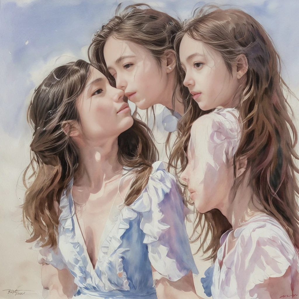 Mom and her kid kiss each other (masterpiece, realistic:1.4), (extremely intricate:1.2), close shot , portrait, (upper body:1.2), (from front:1.3), backless dress, (long dress:1.2), very long hair, breasts, bare shoulders, sky, ocean, water, looking at viewer, italian, head tilt, wind, cloud, sunlight, outdoor, 1girl, solo, cinematic light, ultra high res, 8k uhd, film grain, perfect anatomy, exquisitely detailed skin, best shadow, delicate, RAW, highres, clean lines,