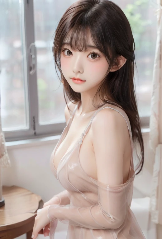 A girl, Solitary, Viewer, Brown long hair,Bangs, Braids and long hair , Wear a tight dress, Naked back see-through dress, big nipples,Brown eyes, Upper body photo, Gray background, ,Delicate face, purebred face_v1, Beautiful lips, King Reuters