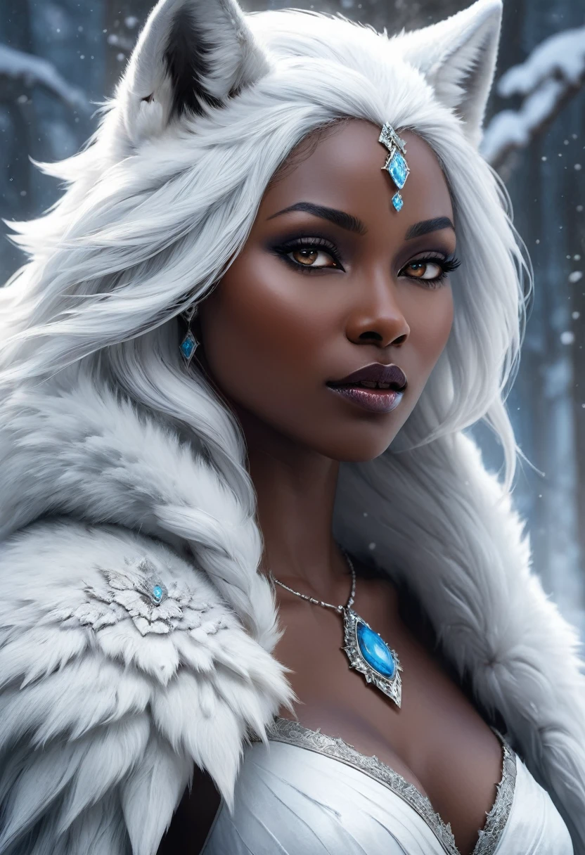 Close-up of a woman in a dress and a wolf, concept art by Cynthia Sheppard, Trends in CG Society, Fantasy Art, Ice and Storm Queen, white fur and dark skin, Female anthropomorphic wolf, Goddess of winter, Winter queen, Fantasy Art style, Dark Skin God, epic Fantasy Art style