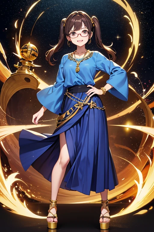 Anime Art、Full body portrait、Space SF Merchant、A woman around 34 years old, about 165cm tall, standing upright with a gold scale in one hand, wearing a blue shirt and a long skirt with a slit reaching down to the ankles、Red eyeshadow、Glasses、Laughing with mouth open、Her hairstyle is short twin tails.、２Chignon、Brown Hair、Dark Eyes、Gold earrings、Gold Necklace、Gold Bracelet、Red platform sandals