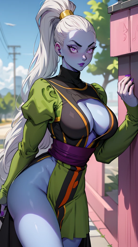 Dress_DragonBallSuper_Vados_ownwaifu, ultra detailed, ((photo realistic)), masterpeace, ((cutesexyrobutts style)) , 
1girl, blue skin, white hair, hair pulled back, high ponytail, purple eyes, colored skin, alien, long hair, very long hair, lipstick, makeup, purple lips, breasts, large breasts, cleavage, down blouse, eyelashes,  jewelry, purple nails,
puffy sleeves, long sleeves, dress, juliet sleeves, sash, green skirt,  puffy long sleeves, turtleneck,
((masterpiece)),((best quality)),(highres, absurdres), depth_of_field, scenery, spotlight, looking at viewer, solo, cowboy shot, sharp, clean black lines, ((Sexy outfit)), ((Sexy body)) 