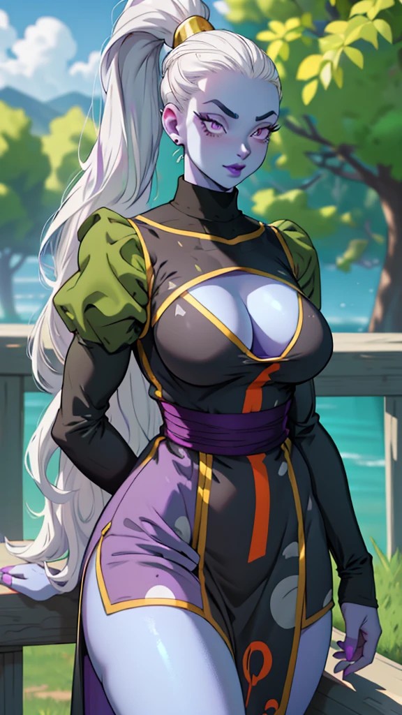 Dress_DragonBallSuper_Vados_ownwaifu, ultra detailed, ((photo realistic)), masterpeace, ((cutesexyrobutts style)) , 
1girl, blue skin, white hair, hair pulled back, high ponytail, purple eyes, colored skin, alien, long hair, very long hair, lipstick, makeup, purple lips, breasts, large breasts, cleavage, down blouse, eyelashes,  jewelry, purple nails,
puffy sleeves, long sleeves, dress, juliet sleeves, sash, green skirt,  puffy long sleeves, turtleneck,
((masterpiece)),((best quality)),(highres, absurdres), depth_of_field, scenery, spotlight, looking at viewer, solo, cowboy shot, sharp, clean black lines, ((Sexy outfit)), ((Sexy body)) 