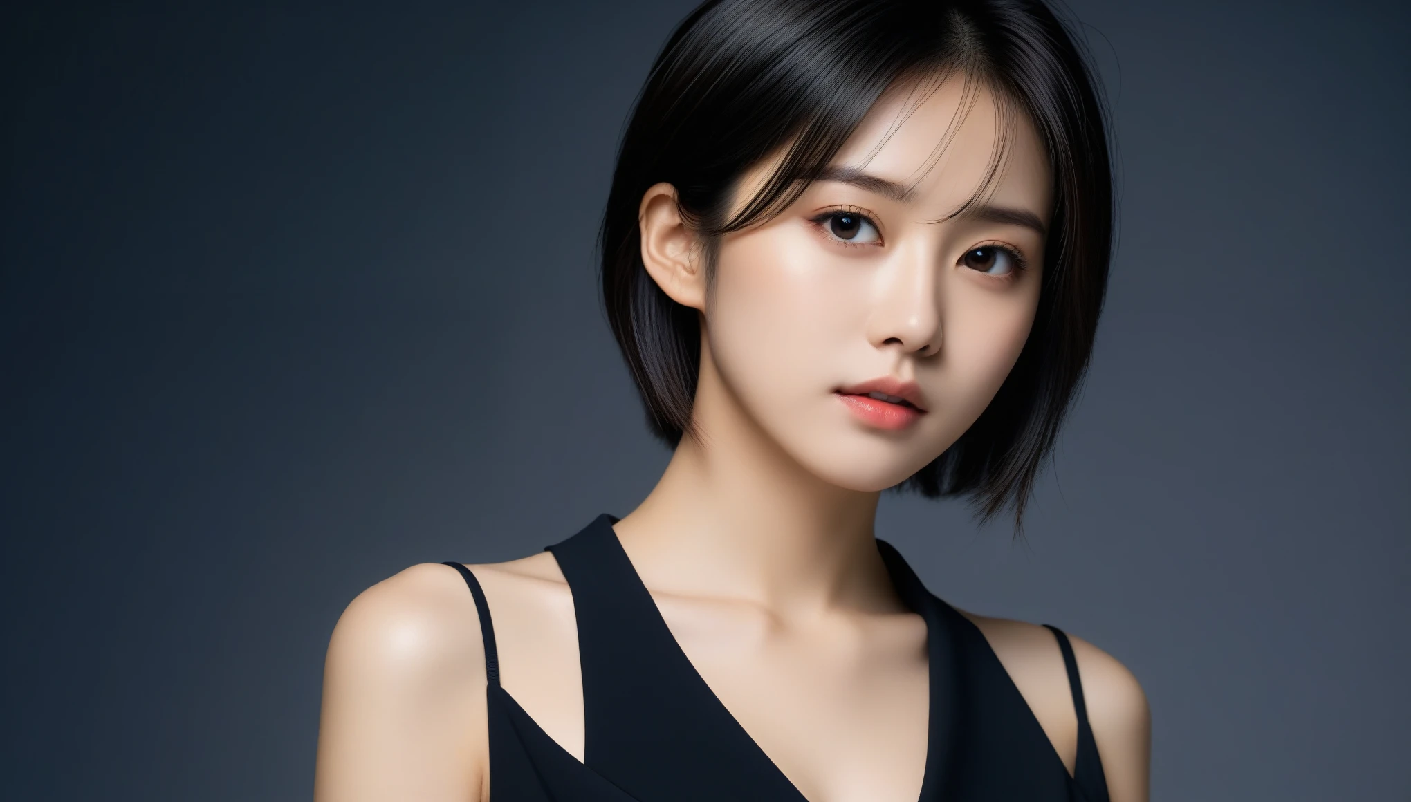 8k, Ultra-high resolution, Highest quality, masterpiece, 三分割法によるphotograph,Surreal, photograph, 1 Girl, (:1.3), pretty girl, Cute Face, Beautiful eyes in every detail, 細かくdetailedに,masterpiece,One Girl:1.2, Japan Female Announcer,upper body,from below,sad,streaming tears,Black short hair,Messy hair,(black suit:1.3),mourning clothes,(印象派の美しい少女のPortraiture), (Gray background:1.3),(Impressionist light and colour),Realistic Skin, Perfect and beautiful face ,完璧でCute Face, Skin with attention to detail, Perfect limbs、Narrow waist,Looking at the audience、beauty,Long neck,clavicle,(((Ideal body type))),A cup small breasts :2,Portraiture:2,Perfect Anatomy,鮮明なdetailed,detailed,Surreal,Light and shadow,underlighting