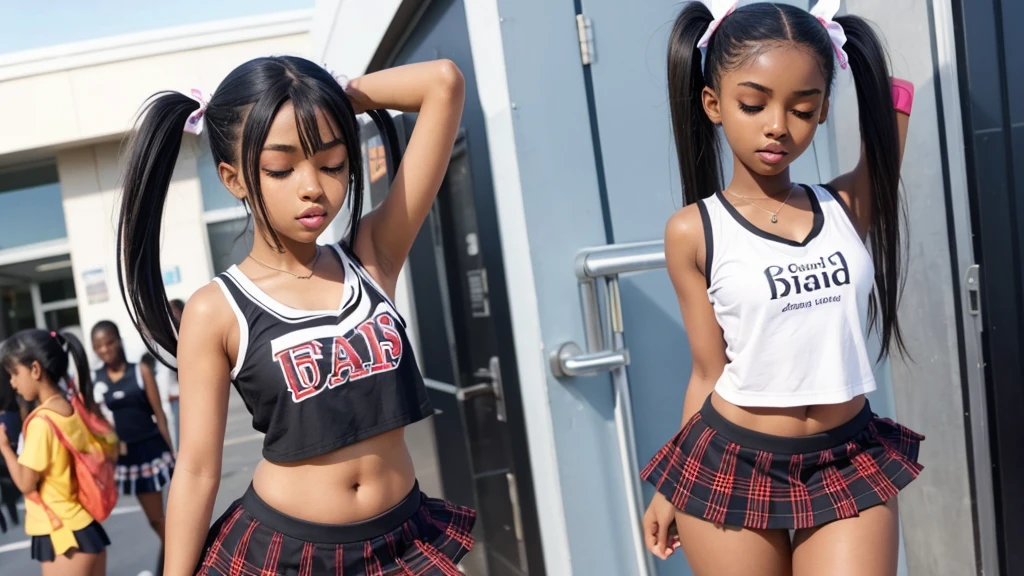 1 hot girl, dark skin, black eyes, ahegao, african, Twin tails, school girl, **********, small breasts, navel, exposing clothes, cheerleader, hand behind head, tight body, big lips, skirt up, eyes closed