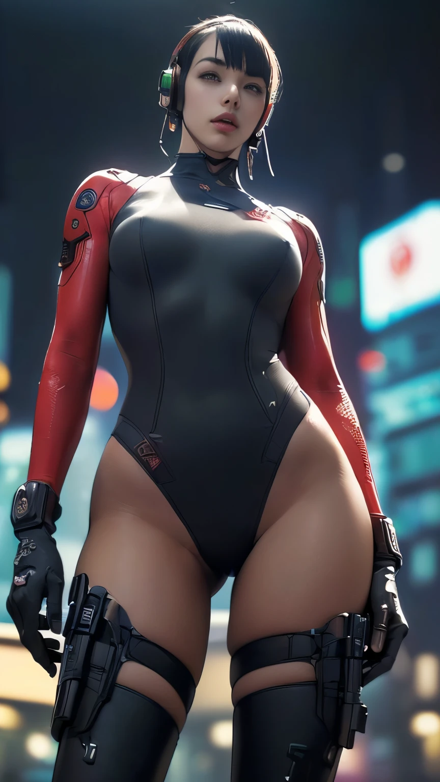 (One Woman),(((A female special forces member is standing))),((Red tactical bodysuit:1.5)),((headset:1.5)),((Tactical Holster:1.5)),(Gloves:1.5),(Serious:1.5),(extra short hair:1.5),(bionde:1.5),(Beautiful Eyes:1.3),(Very detailedな顔:1.5),((Very detailed drawing of a female hand:1.5)),((muscular:1.5)),(Sexy Looks:1.5),((Thick thighs:1.5)),(Beautiful body:1.5),((Very sensual:1.5)),(The background is a futuristic city:1.5),(Cyberpunk atmosphere:1.5),(((Blur the background:1.5))),(Written boundary depth:1.5),BREAK(((masterpiece:1.5),(highest quality:1.5),(Very detailed:1.5),(High resolution:1.5),(Realistic:1.5),(Realistic:1.5),(Delicate depiction),(Careful depiction))),8k,wallpaper,((from below:1.2))