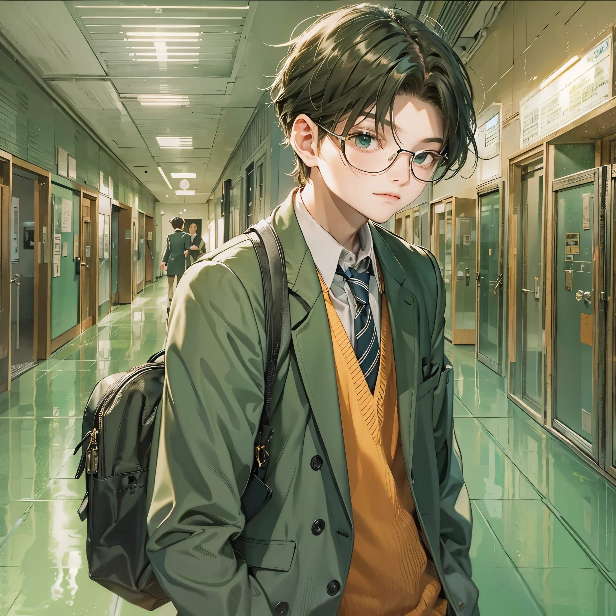 Inspired by the proponent of MBTI、Make a high school boy wearing a green blazer。In the background is a school hallway。