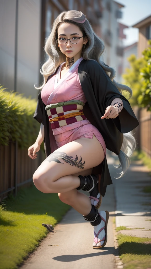 Cute Japanese female, (16 years old), (Very cute face), white moist skin, looking at camera, melancholy expression, (Pink bright eyes: 1.4), (Black rimmed glasses: 1.3)
BREAK,
(Parkour), (Very beautiful berserker female: 1.3), (Dynamic pose: 1.3),
BREAK,
(Wearing pink cute kimono: 1.3), (Highly revealing kimono), Very big earrings, Short length, (Black grass tattoo on body: 1.3),
BREAK,
(Super long hair), (Light gray hair: 1.4), (Wavy hair), (Gradient hair: 1.3), (Red tips: 1.3),
BREAK,
(Realistic: 1.3), Masterpiece, Perfect lighting, (Ultra high resolution), (8K), (Very detailed: 1.4), (From the front), (Full body: 1.4), (Symmetrical: 1.2), (One cut),
BREAK,
(Big cities in Japan: 1.2),