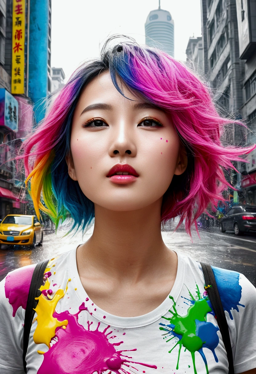 (masterpiece, Highest quality, High resolution), Digital Art、Downtown Shanghai背景, ((Paint splashes, Color Splash, Ink splash, Color Splash)), Kind Chinese girl, Rainbow Hair, Pink Lips, front,Downtown Shanghai、Digital Cities、Near future upper body