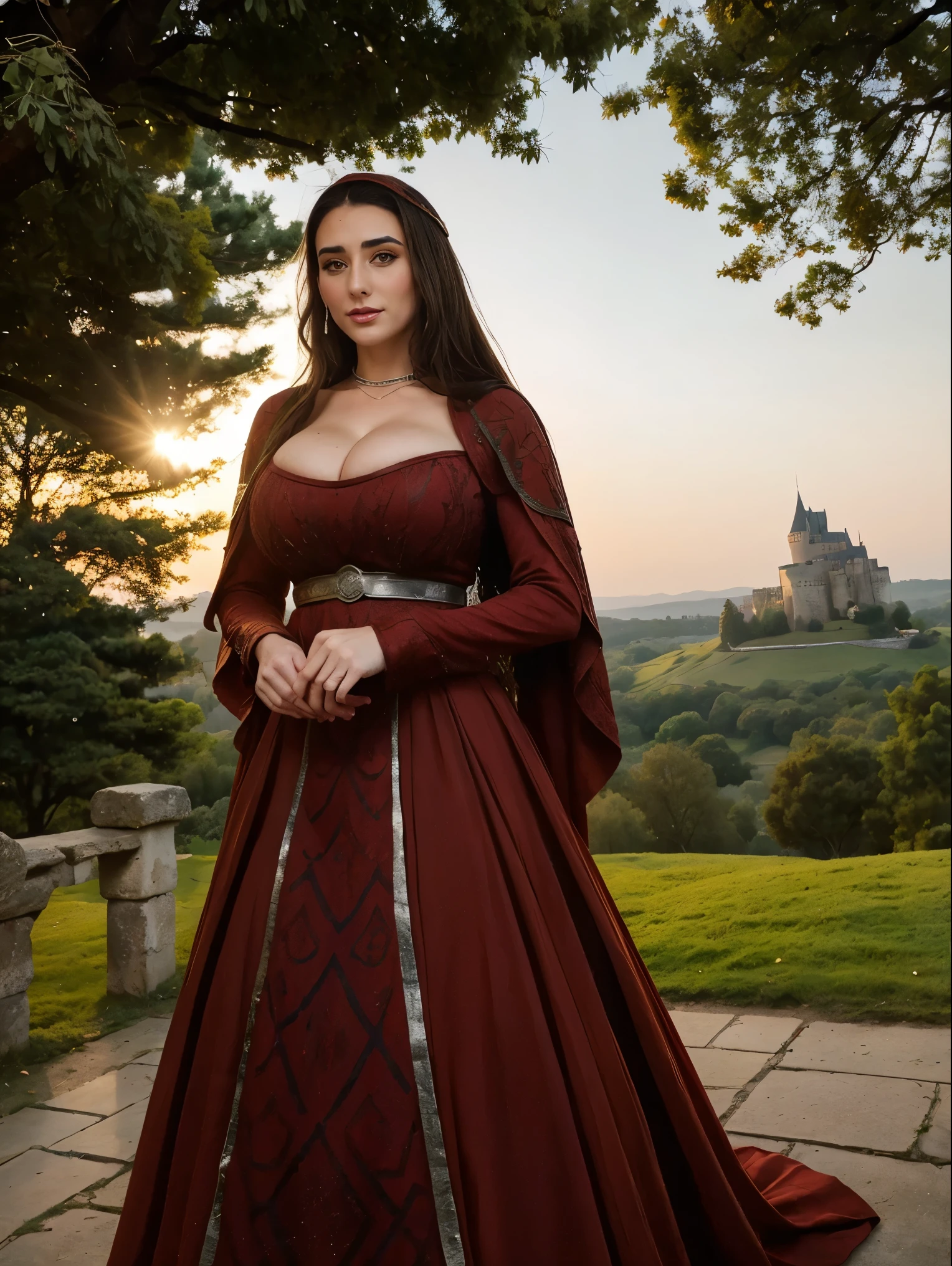 Gorgeous and sultry busty athletic (thin) brunette queen with sharp facial features wearing a modest updo, dark red medieval dress, long sleeves, intricate patterns, scrollwork, wide neck, crown, veil, long dress, modest dress, tight bodice, silver belt, (waist chain), medieval jewelry, Middle Ages, castle, rampart, wall, exterior, on top of a castle wall, trees, countryside, evening, sunset.