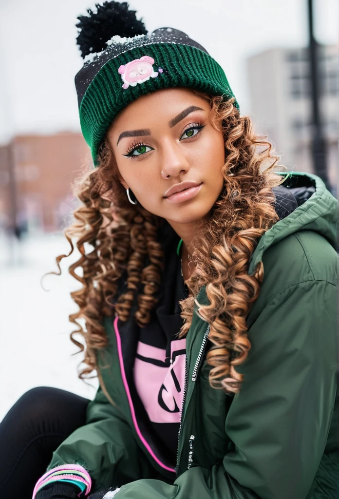 slightly tall young woman, light brown skin, light green eyes. Long brown curly hair with pigtails. Black Graphic Snow Jacket, Pink Beanie, necklace, nose piercing, sitting down, transparent lipgloss, slim built, very beautiful, late adolescent, 19 years old, full body photo, long legs, modern city setting, cold weather, snowy