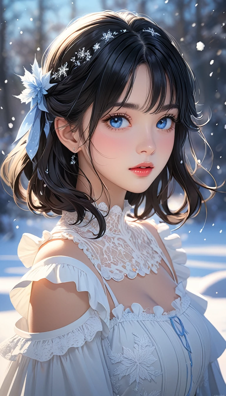 (((masterpiece))),best quality,illustration,4k wallpaper,movie lighting,absurd,1 girl,(snow,ice),in winter,black hair,shiny hair,medium hair,blue eyes,white clothes,frills,lace,leave_Shoulder,hair tie,masterpiece,telephoto lens,absurd,Exquisite face,features,natural light,soft light,(Seven-part combination),epic,Dreamy and magical,mystery,
