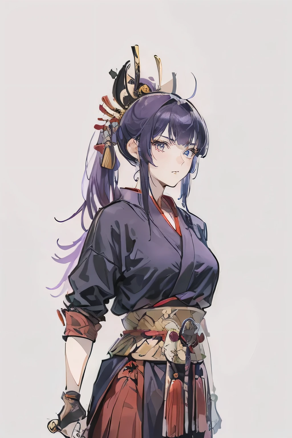 Ninjagirls, a purple haired , wearing a red Samurai armor, medium hair, fashion hair, ninja armor, Slim body, shirt ornament, Likewise, tall 187cm, 21yearold, Samurai, katana, female, beautiful