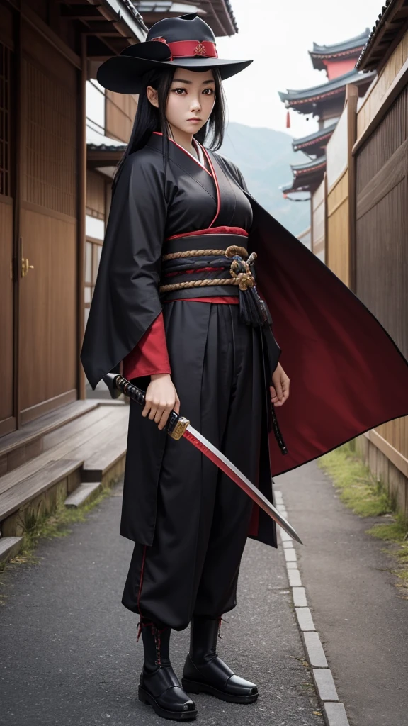 Create a young good looking girl with japanese style cloth old ages with a katana black hair red eyes and full body
with pants and a cape cooler cloth with stylish looks and an old hat like the ones samurais used to wear 