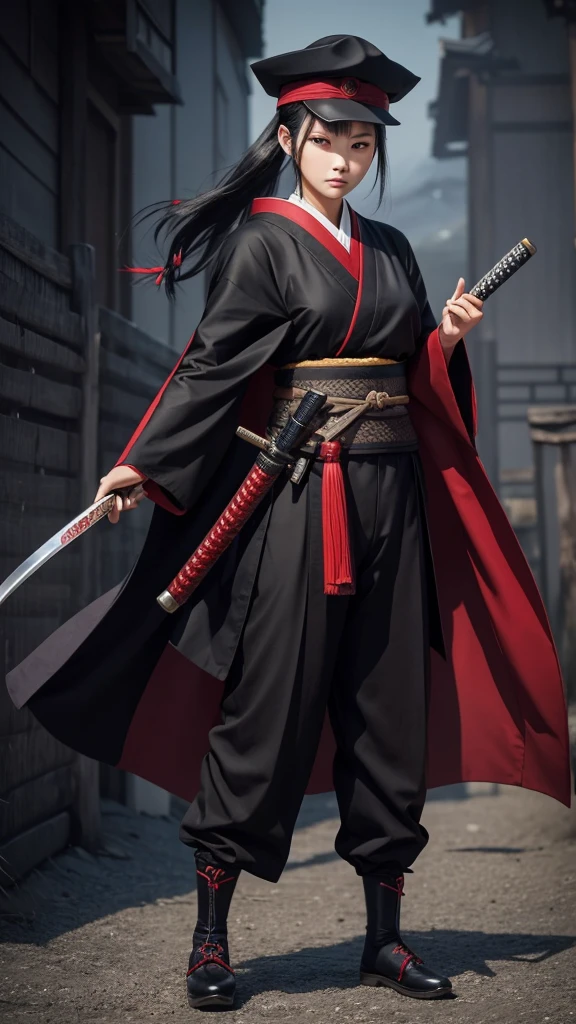 Create a young good looking girl with japanese style cloth old ages with a katana black hair red eyes and full body
with pants and a cape cooler cloth with stylish looks and an old hat like the ones samurais used to wear